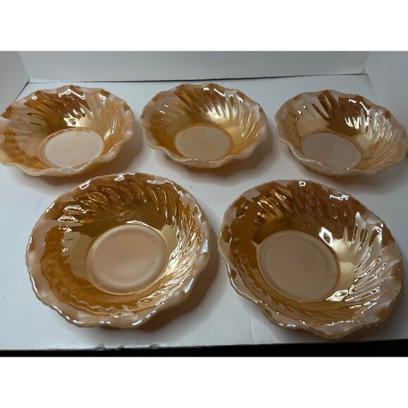 Fire King Peach Luster Soup salad Bowl Set of 5 Ruffled Rim 7” Milk Glass Bottom - Picture 3 of 8